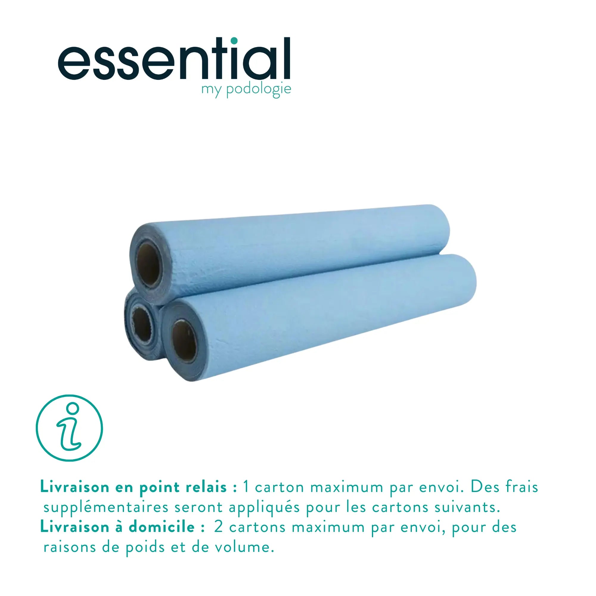 6 rouleaux Draps d'examen bleus plastifiés - 132 formats - 2 Plis gaufrés Essential 